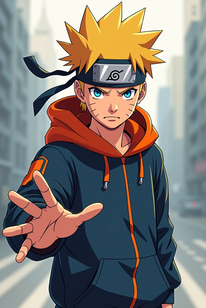 Create a profile picture featuring a character named 'Flux,' a 13-17 year old male in the style of classic Naruto. He should have a dynamic, energetic expression and be wearing a modern hoodie. His design should include spiky hair and a determined gaze, with an emphasis on strong, clean lines and vibrant colors typical of the Naruto art style. The background can be a subtle, stylized blur to keep the focus on Flux