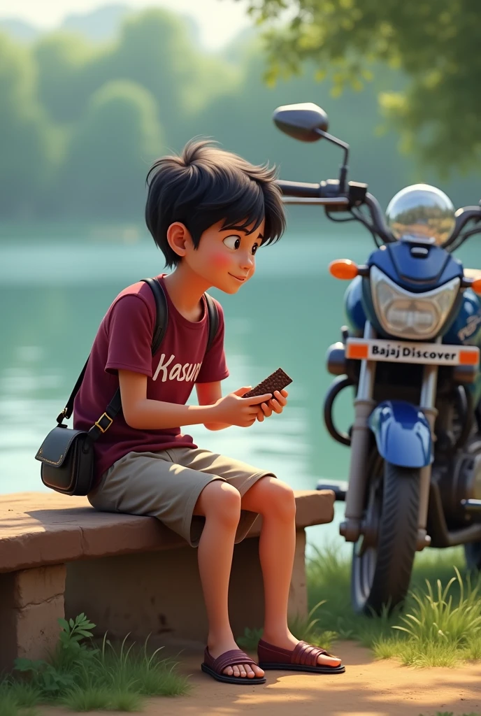 A single younger boy wearing ash colout short and marron colour t-shirt.Printed "Kasun" on his t-shirt.sitting on bench near lake. Chocolate on his left hand.Small side bag wear. Bajaj discover bike near him.make realistic image.