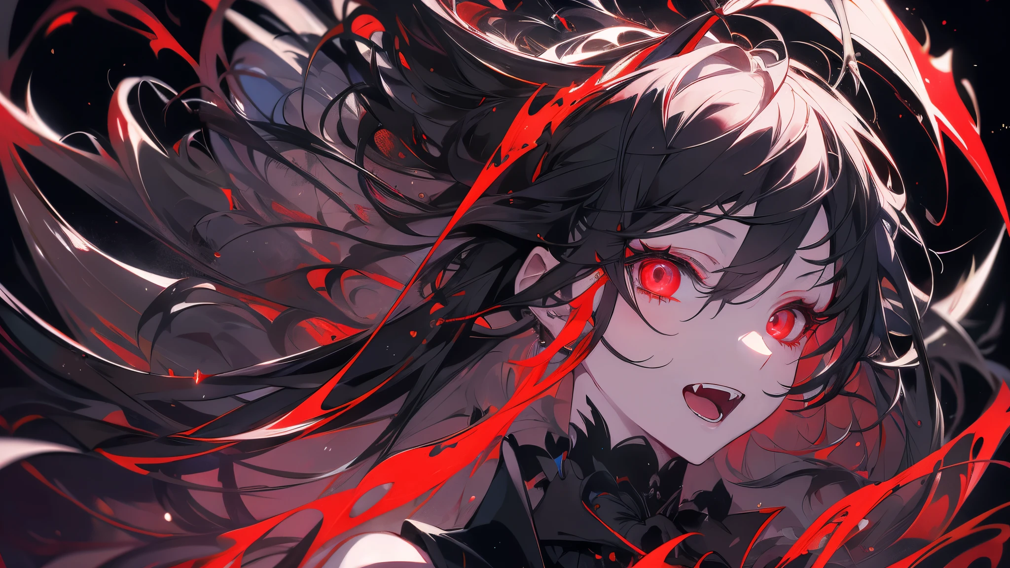 (Highest quality), 1 person,Masculinity,long black haired person,Red eyes,vampire,Open your mouth and show your fangs,A luxurious, dark atmosphere, Wearing a black suit,Late Night