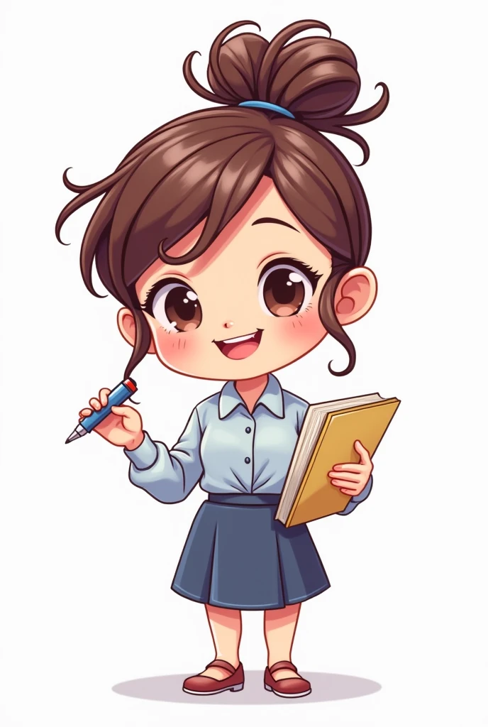 Create a pastel cartoon style chibi woman teacher, messy pony hair, smiling holding a pen and a book. Make sure it's vibrant with white background. Ensure that all elements is center