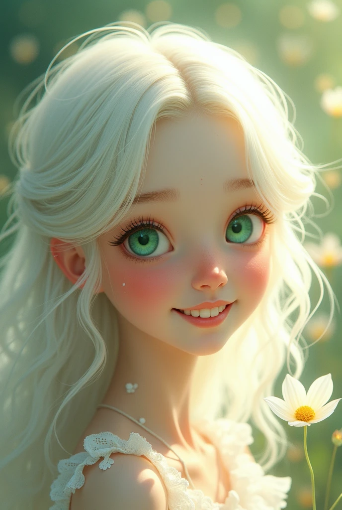 White hair, green eyes, cute smile, teenager, pouring light, flower fluttering in the wind
