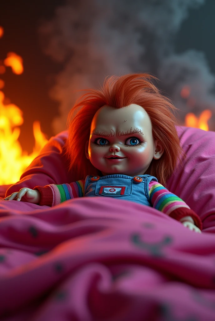 Chucky doll with colorful hair sleeping on a bright pink bed in a burning room