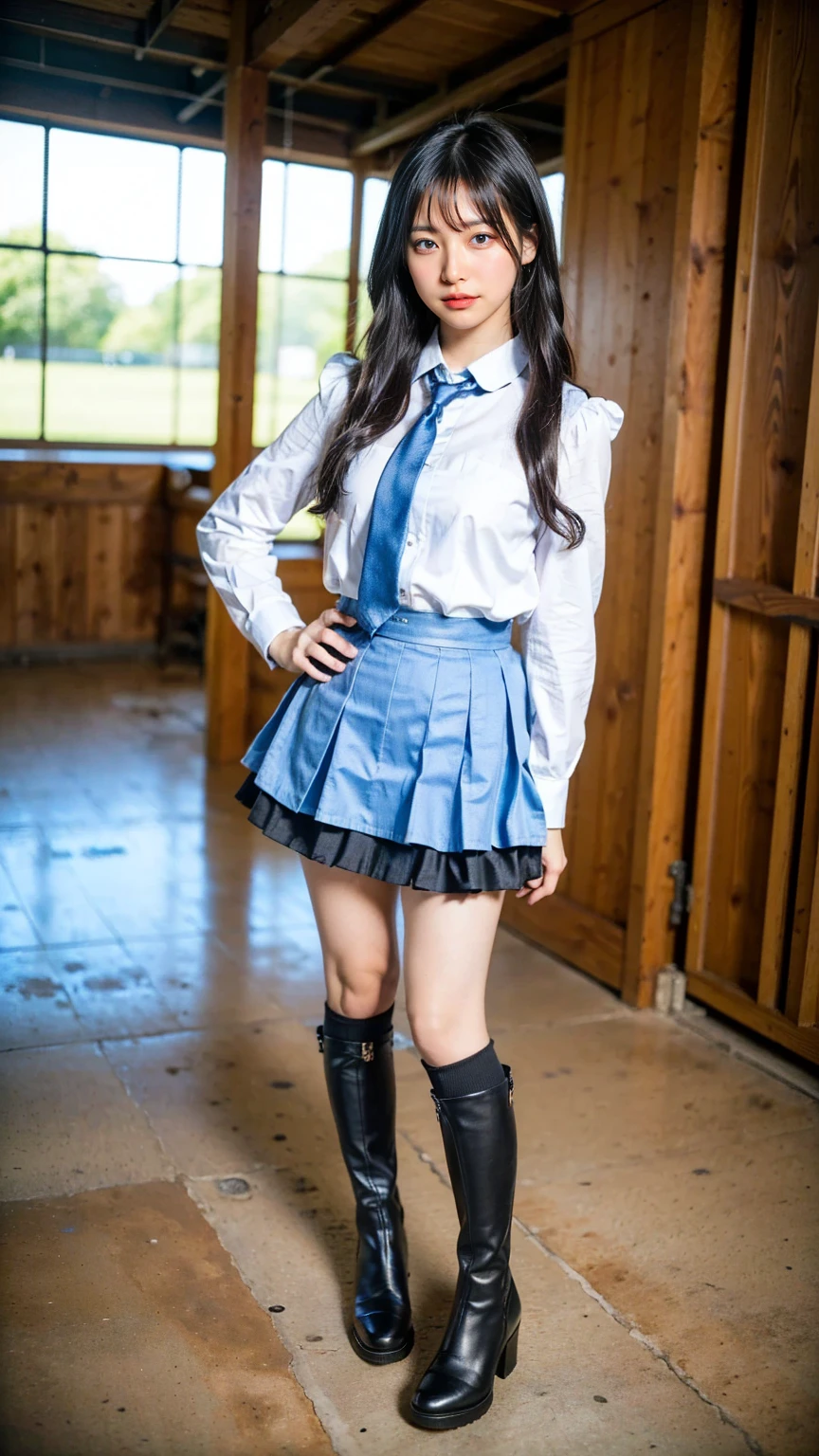 (8k、RAW Photos、Highest quality、masterpiece:1.2)、(Realistic、Realistic)、1 person、((View from the front、Black and light blue、Looking into the camera、check、boots、mini skirt、High school uniform、、Standing with one hand on hip、Frills、))、cute
