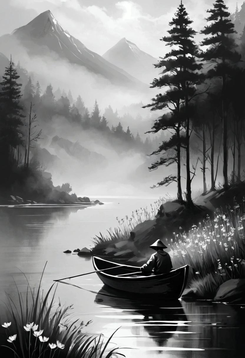 A peaceful lake,Calm waters,Mountains in the background,Misty atmosphere,Sunlight through the clouds,Wildflowers around the lake,A lone fisherman waits patiently,Black and White, (Traditional ink painting), Natural Lighting,Tranquil scenery,Fishing scene,Delicate brushstrokes,Superb composition,Elegant simplicity,stylized illustration, Smooth Shadows, meditative mood,masterpiece, best quality,