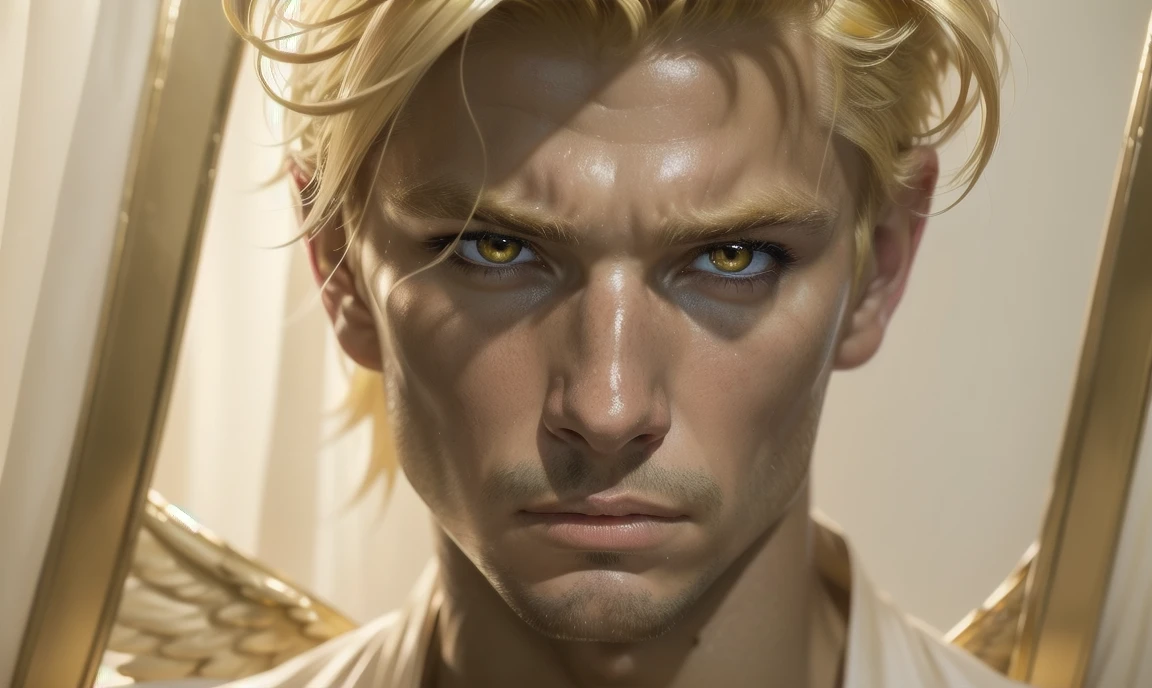 [((highly detailed, detailed eyes, detailed face, clear and realistic facial features, photorealistic, realistic light, cinematic, looking at you)), (1 man), (((((Gorgeous perfect sexy powerful masculine male angel))))), (((he has two grand golden angel wings sprouting out of his back))), ((((short sexy blond hair)))), ((((pale yellow eyes)))), ((3)), ((wearing flattering gold and white clothes)), (((aura of divine power))), standing in a cozy apartment at nighttime, ((light blush)), (((((wearing a clearly indignant expression)))))]