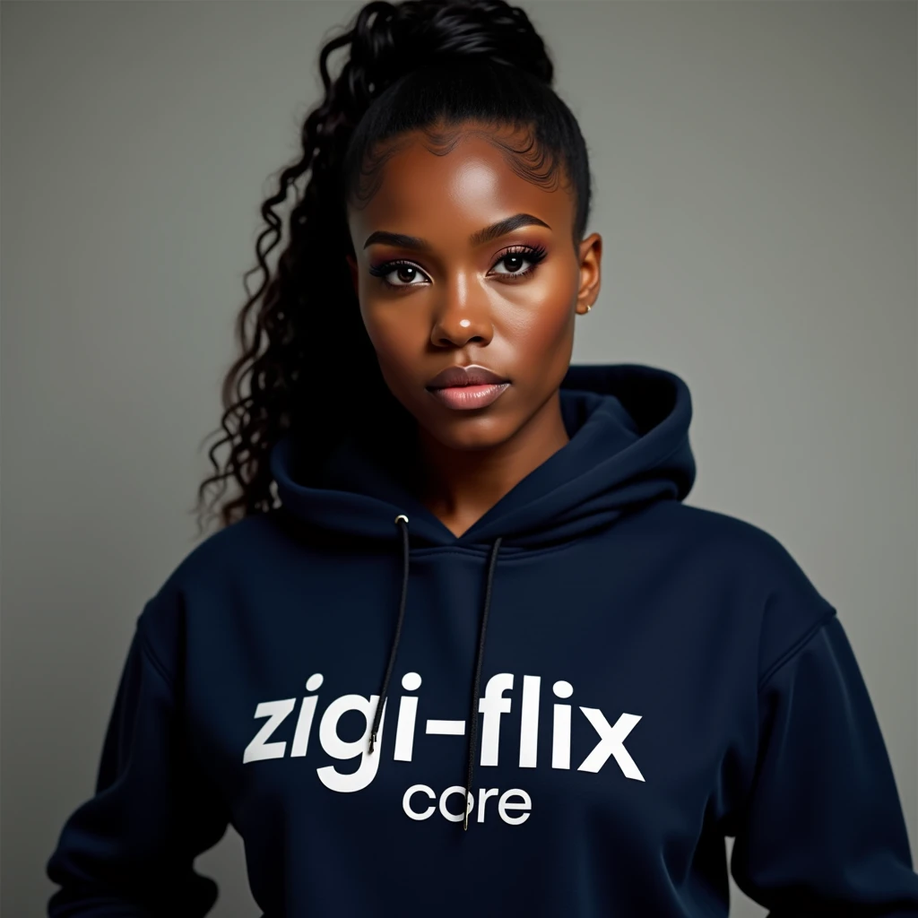 A powerful, realistic, high-quality and professional-looking black young lady, wearing a  navy-blue hoodie with the word "Zigi-flix Core" boldly printed on the hoodie.