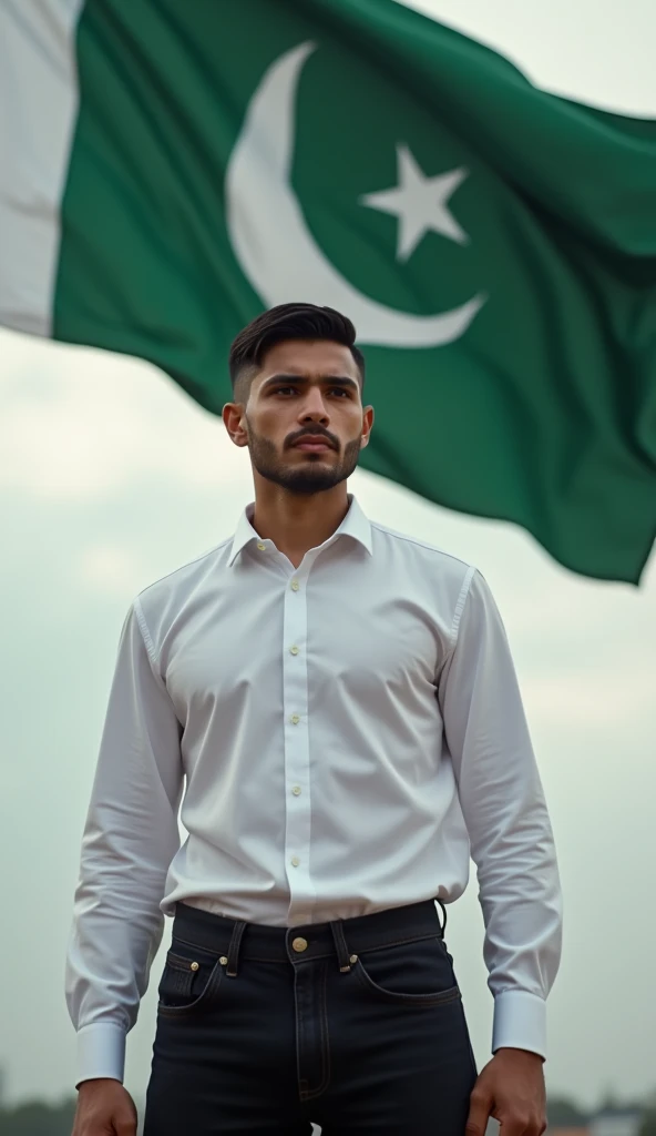 A 27-1  man standing under pakistan's flag
White shirt,black jeans pant 
Freanch crop hair cloudy weather 8k