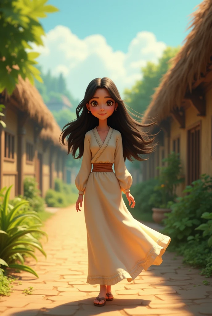 In cenamatic 3d cartoon style "A close-up of Muskan’s face as she walks along a narrow village path, the wind gently blowing her hair. Her expression is one of contentment and peace."