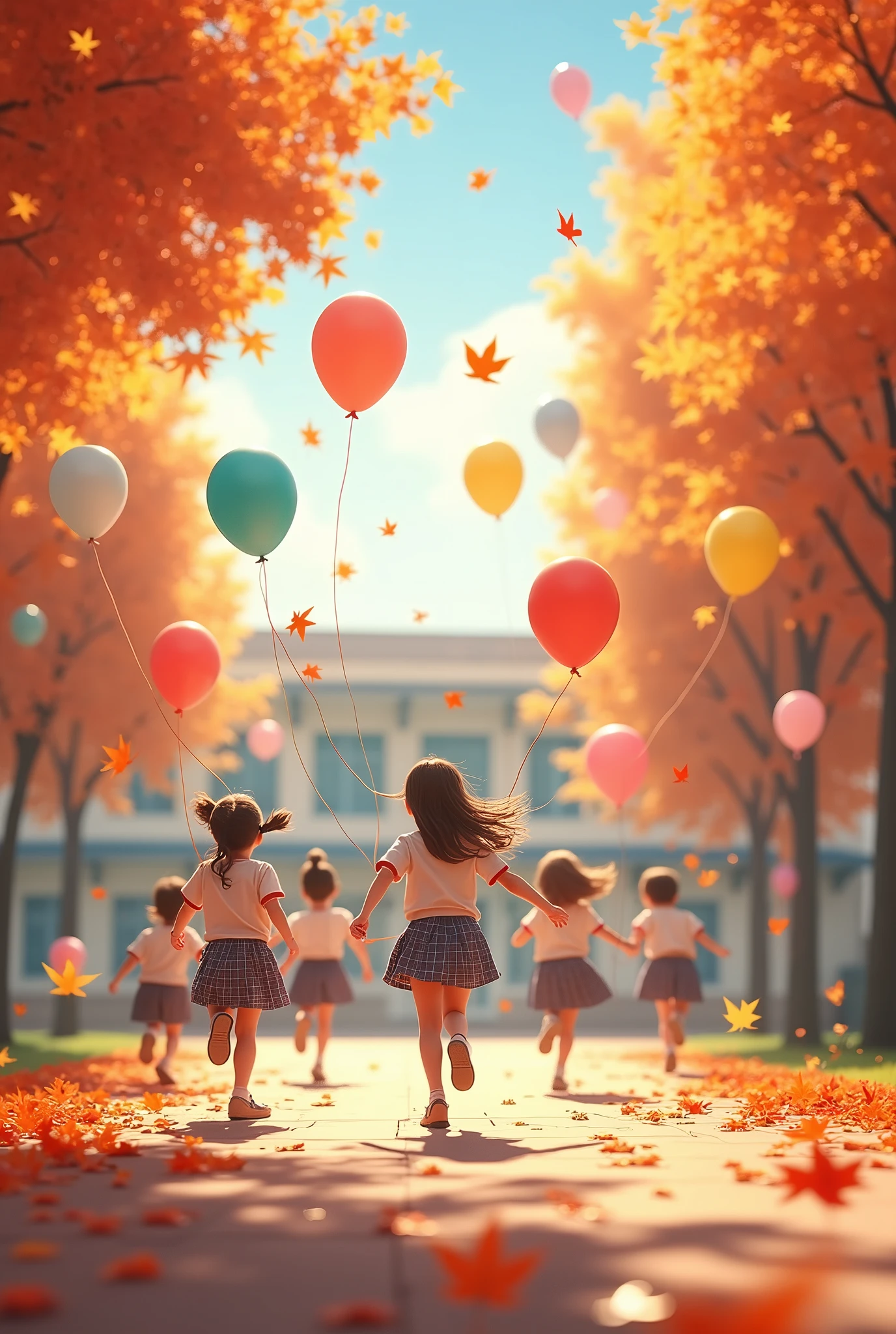 (photorealism:1,2), a school decorated with children's bright balloons, soft lighting, the sun is shining, maple leaves are falling, balloons are flying through the air, children in school uniforms are running in the background