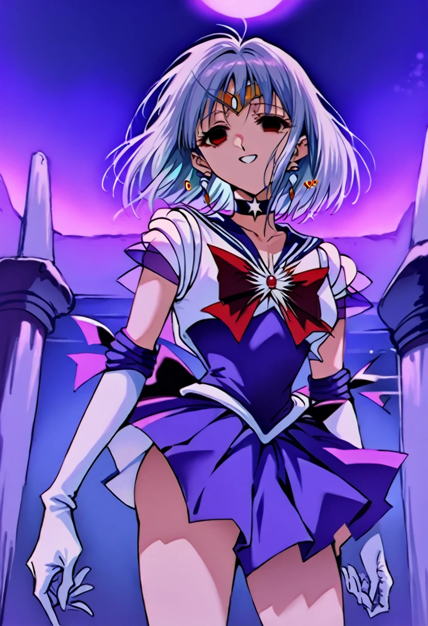 (masterpiece, Highest quality, so beautiful, Very detailed), Intricate details, 12k, Honestly,In awe of the Sailor Saturn XL,sailor senshi uniform,jewelry,skirt,choker,star choker,sailor collar,bow,brooch,star brooch,purple sailor collar,purple skirt,gloves,tiara,short hair,white gloves,earrings,elbow gloves,pleated skirt,, Are standing, Cowboy Shot,,(Wicked Smile:1.2), One person,(Silver Hair:1.4),(empty eyes,:1.4),From below,Watching the dawn,Dark aura,View your audience,(red eyes:1.2),