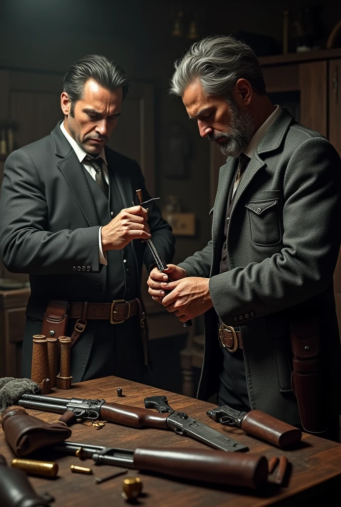 Vito Scaletta next to Arthur Morgan cleaning the gun