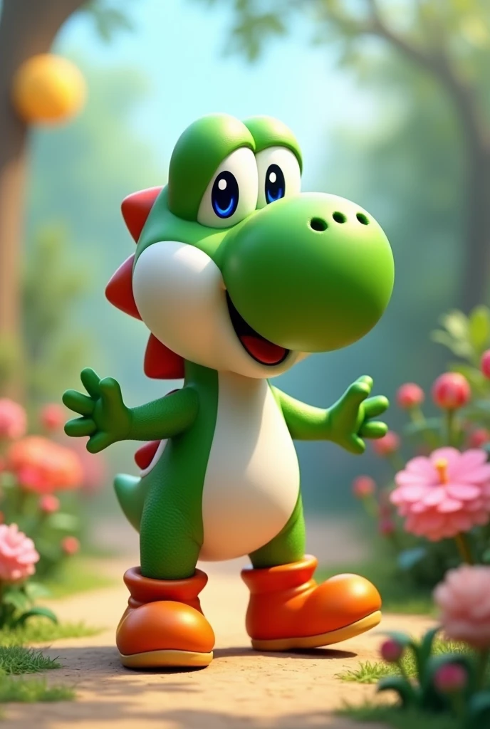 A little green Yoshi standing facing forward with his front legs raised。Nintendo。Realistic feel。
Big eyes with a cute, human-like expression。Slightly larger head than body。limbs are short。Smiling。
Glossy texture。
The background is a bright garden

