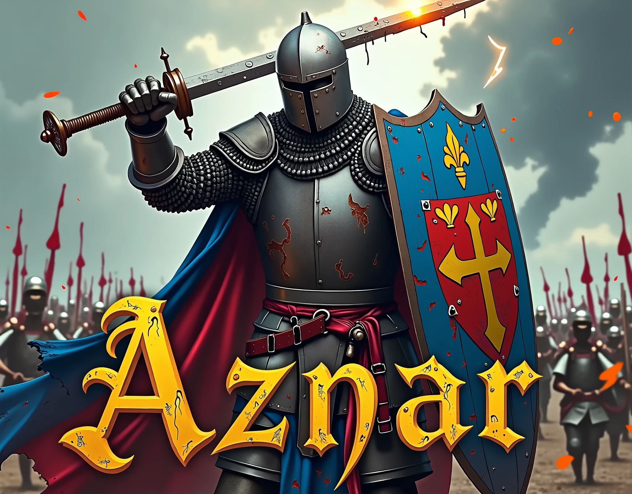 A poster depicting a man, brandishing a one-handed mace, and carrying a large blue and red shield with coat of arms thin vertical yellow sword painted upwards with 2lily flowers, (mouth sewn with wire), damaged by fighting. medieval battered chain mail, helmet, gloves, very battle-damaged, blue and red coat of arms. He has white skin. He's on a battlefield, thunder, with the words "Aznar" written in large golden letters in the foreground.
