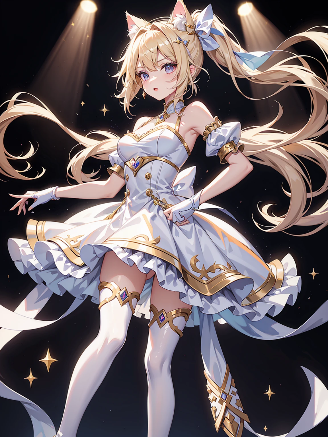 Cat-eared age girl,Cheerfulness,(Charmed:0.2),Highest quality,masterpiece,The ultimate solution,fluffy,colorful,Perfect body,Blonde with double ponytail,Jewel-like eyes,A white-based tadress,(Beautiful costumes),Idol Costumes, White Stockings,Long legs,Muffin Shoes,embroidery,(Rainbow Bubbles:0.3),Dazzling Light(about:0.5),(Shine:0.3),Take to the stage