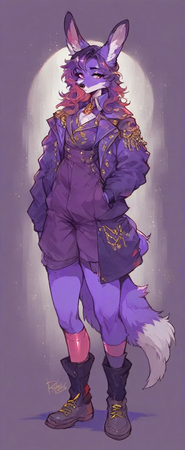 a purple fox anthro furry purple fox with rabbit ears,long purple jacket,very detailed,highly detailed,beautiful intricate design,fantasy,vibrant colors,ethereal,painterly,cinematic lighting,high quality,8k,photo realistic brilliant collors