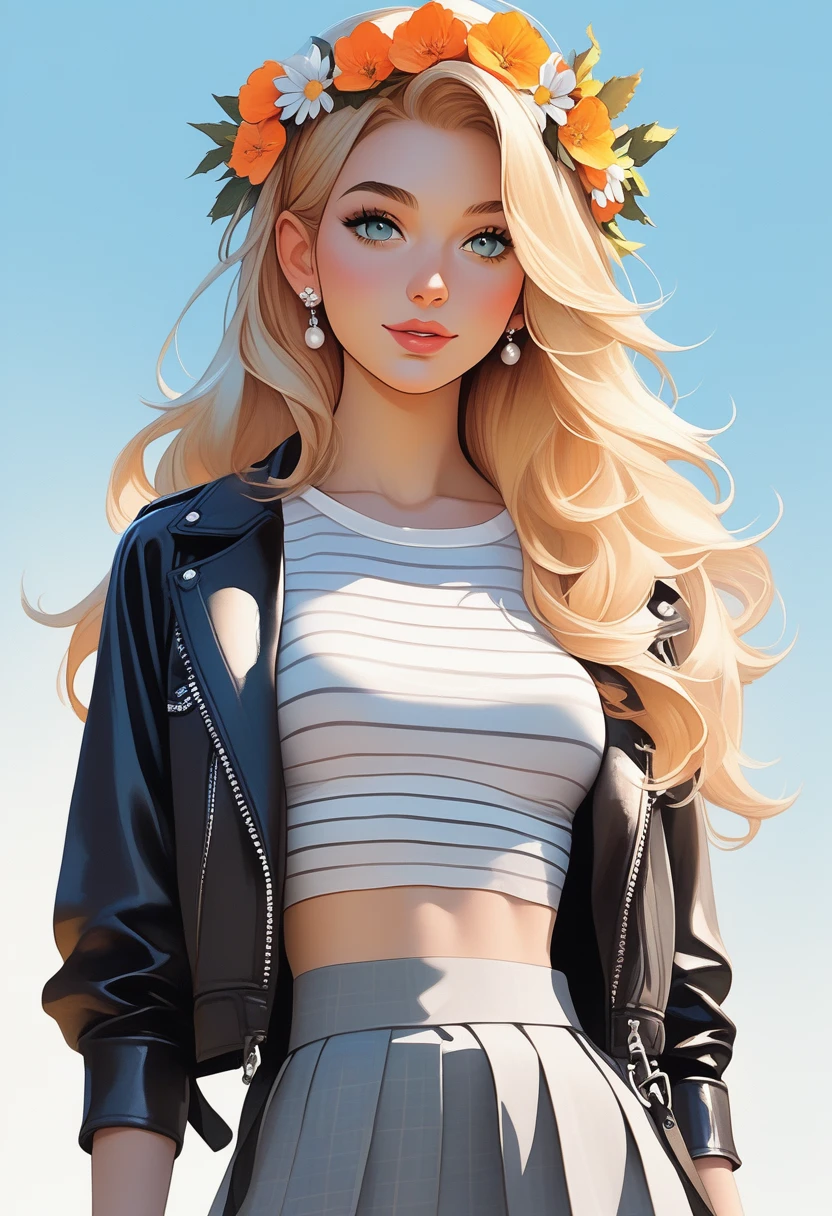 The image is a watercolor style digital illustration of a young girl with long blonde hair.. She is wearing a black leather jacket with a striped shirt underneath and a gray skirt with pink and orange flowers.. She has a flower crown on her head with white daisies. The girl has a big smile on her face and is looking directly at the camera.. The background is white.