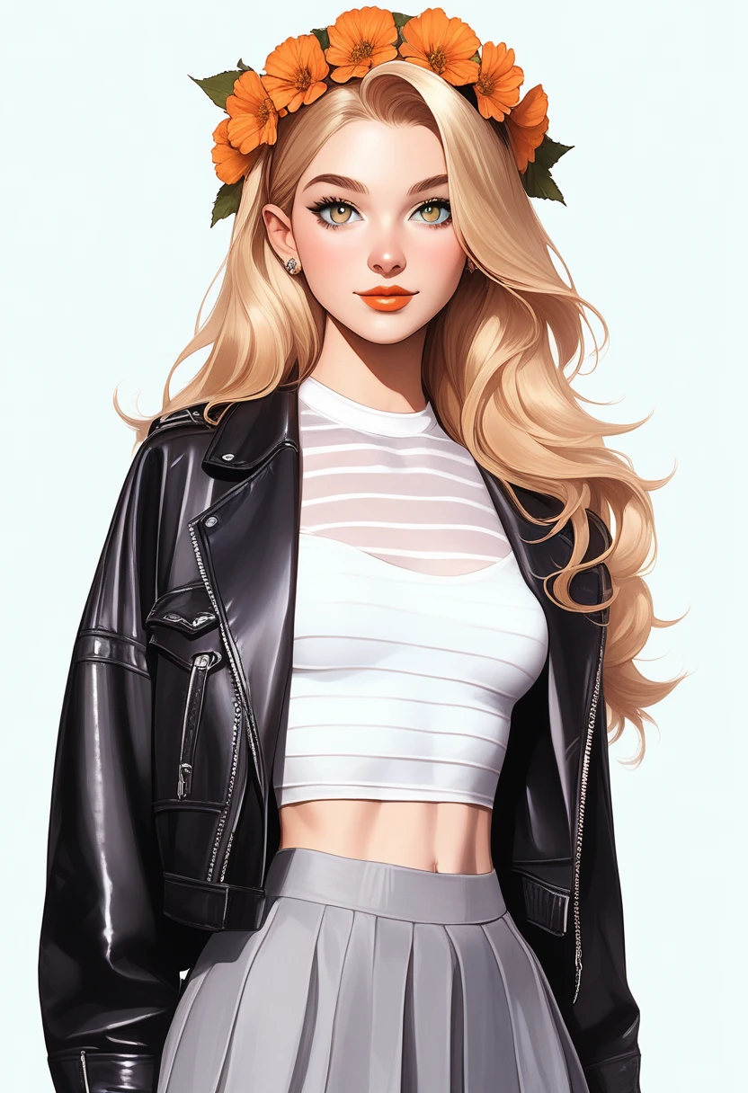 The image is a watercolor style digital illustration of a young girl with long blonde hair.. She is wearing a black leather jacket with a striped shirt underneath and a gray skirt with pink and orange flowers.. She has a flower crown on her head with white daisies. The girl has a big smile on her face and is looking directly at the camera.. The background is white.