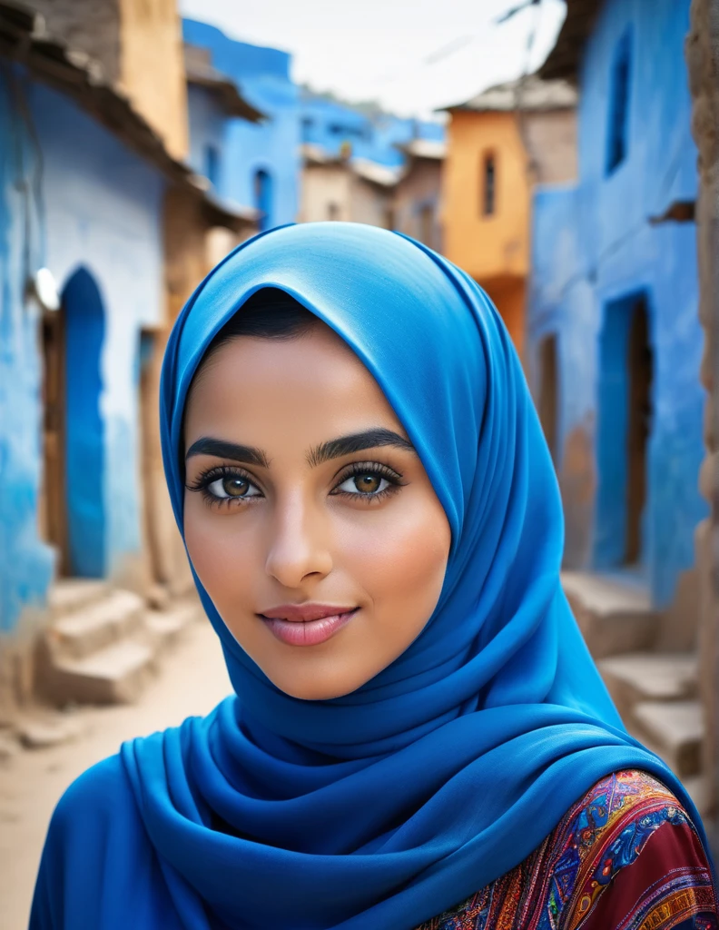 Bold blue color palette hijab Girl, realistic vibrant village background, non model shot, unblurred people in background