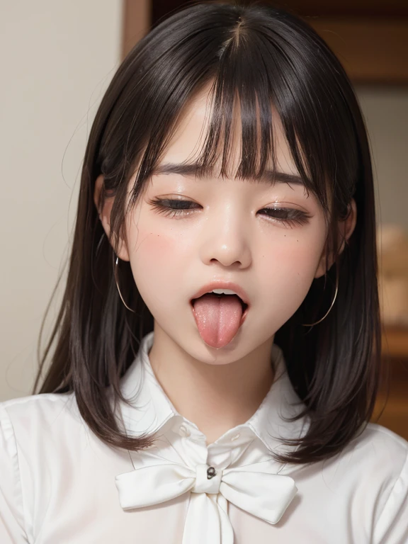 (masterpiece:1.3)、Very nice finish、(High resolution、8k:1.3)、(Highest quality、Ultra-realistic as a photo:1.5)、Sharp focus, 超High resolutionの顔、Eyes are symmetrical:1.3、High quality and beautiful skin、Firm Skin、Image of 1 person, (())、((White tight business blouse with collar))、(White bow tie blouse)),(very cute、Amazing beautiful girl)、Natural Makeup, Glossy Lips、Wet eyes:1.3,, Embarrassing:1.3、(Bobcut),(Sticking out tongue:1.5),(Upper body shot:1.7),(Please open your mouth wide:1.5)、(Wrinkles between the eyebrows:1.6)、(Scared expression:1.8)、(Please close your eyes completely:1.8),(Blushing:1.5),(Let your bangs hang down:1.7)、Low contrast lighting、(The top of your head fits in the frame:1.4)