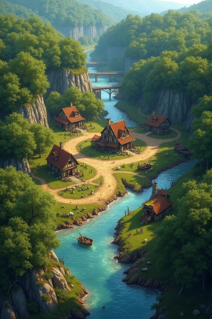 A medieval RPG map with a wide river to the west, on its bed a small town of fishermen and sheep farmers with a tavern in the center, surrounded by a dense forest, a dirt road to the north and another to the southeast, this leads to a copper mine in caves.