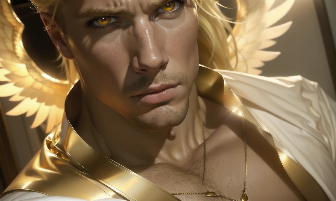 [((highly detailed, detailed eyes, detailed face, clear and realistic facial features, photorealistic, realistic light, cinematic, looking at you)), (1 man), (((((Gorgeous perfect sexy powerful masculine male angel))))), (((he has two grand golden angel wings sprouting out of his back))), ((((short sexy blond hair)))), ((((pale yellow eyes)))), ((3)), ((wearing flattering gold and white clothes)), (((aura of divine power))), standing in a cozy apartment at nighttime, ((light blush)), (((((wearing a clearly indignant expression)))))]