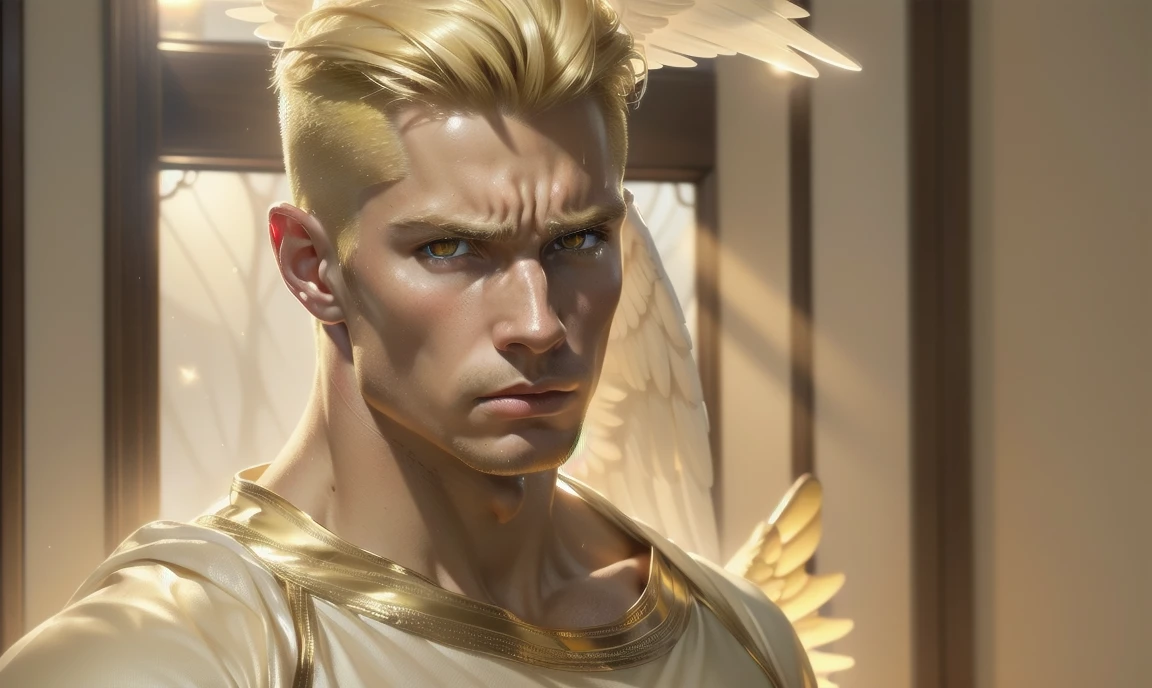 [((highly detailed, detailed eyes, detailed face, clear and realistic facial features, photorealistic, realistic light, cinematic, looking at you)), (1 man), (((((Gorgeous perfect sexy powerful masculine male angel))))), (((he has two grand golden angel wings sprouting out of his back))), ((((short sexy blond hair)))), ((((pale yellow eyes)))), ((3)), ((wearing flattering gold and white clothes)), (((aura of divine power))), standing in a cozy apartment at nighttime, ((light blush)), (((((wearing a clearly indignant expression)))))]