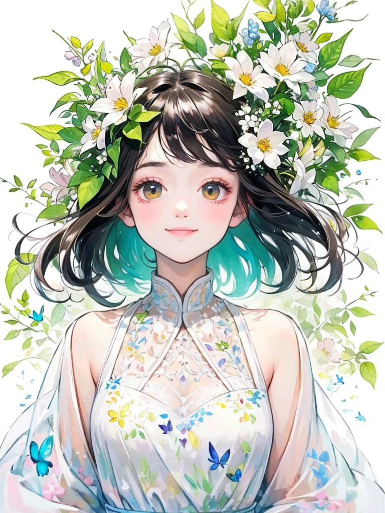 (masterpiece、Highest quality、Highest quality、Beautiful and beautiful:1.2)、Excellent anatomy、(Watercolor painting 1.5)、Composition looking up from a low position、Long Shot、Straight short hair picture、Beautiful smile、Butterfly fairy costume、Pure white、Pure、charm、Looking into the camera、Colorful flowers, Flowers and leaves green wind、Botanical Art, Mr.々A pose