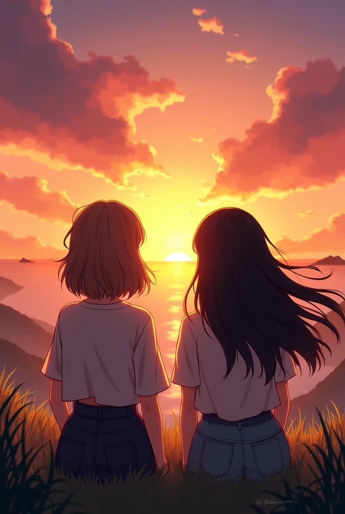 Create an image of two girls watching the sunset, one with medium brown hair and the other with long black hair. Both with straight hair