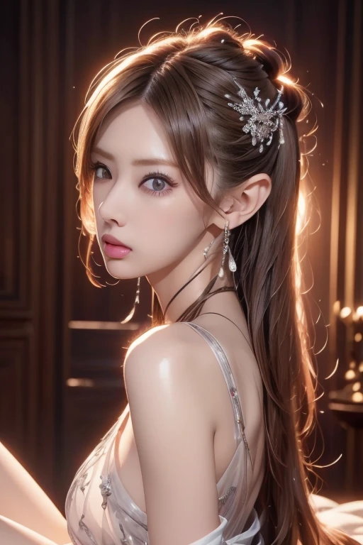 High-quality work，Realistic works，Super premium graphics，8K HD CG works，high quality graphics，High-definition and exquisite CG works，10x pixels，Ultra-fine details：1.1，Advanced technical details：1.1Realistic photo effects，Interior lighting effects：1.5，natural soft light：1.5. Light effect（Virtual light effects：1.8），Ultra-high resolution，shining dress，Cang，silber hair，transparenthair，high detailed hair（Quality hair details：1.1）Clear eyes，Double eyelids look good，Sharp eye makeup, Create exquisite eyelash makeup, tthin eyebrows, Ultra-detailed eyes，a tall nose, lovely red lips, rosey cheeks, With delicate makeup on her face , pretty face, The face shape is perfectly proportioned,（Advanced facial details：1.1）"((Hyper-realistic)) cyborg, Sorayama-esque, ((glossy chrome body)), ((translucent glass limbs)), leather outfit, ((girl with attitude)), dynamic lighting, intricate reflections, ((edgy cyberpunk atmosphere)).，Women's artwork，Dress full body video，Reality，Amazing Cleavage，My eyes are very bri、((random　Hairstyle))、((random　Camera angle))、(斜め上からのCamera angle)、hair accessory、Amethyst hair accessory、((Red and silver gradient hair))、(Whole body shot)、Tattoo on shoulder、(5 denier shiny black stockings)
(Lying down)、((Extend your arms towards the viewer))