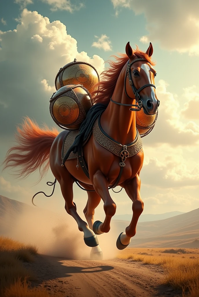 Create an image of a horse running three drums