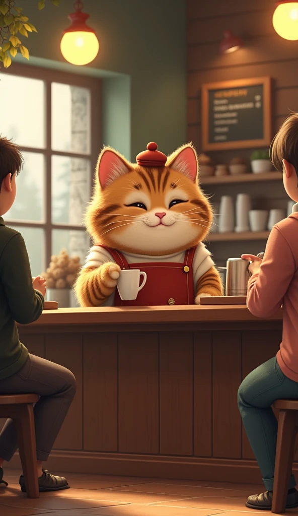 A chubby cat working as a barista in a cozy café, making coffee and serving customers with a tiny apron and hat.