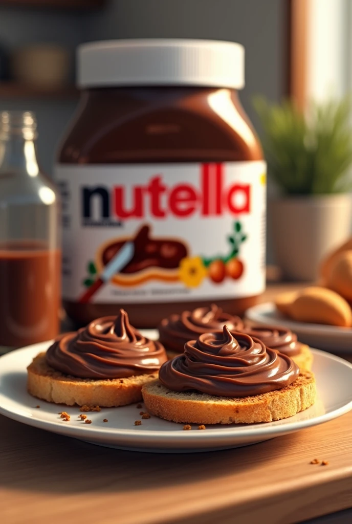 Large jar of nutella in background and nutella on bread on plate on kitchen