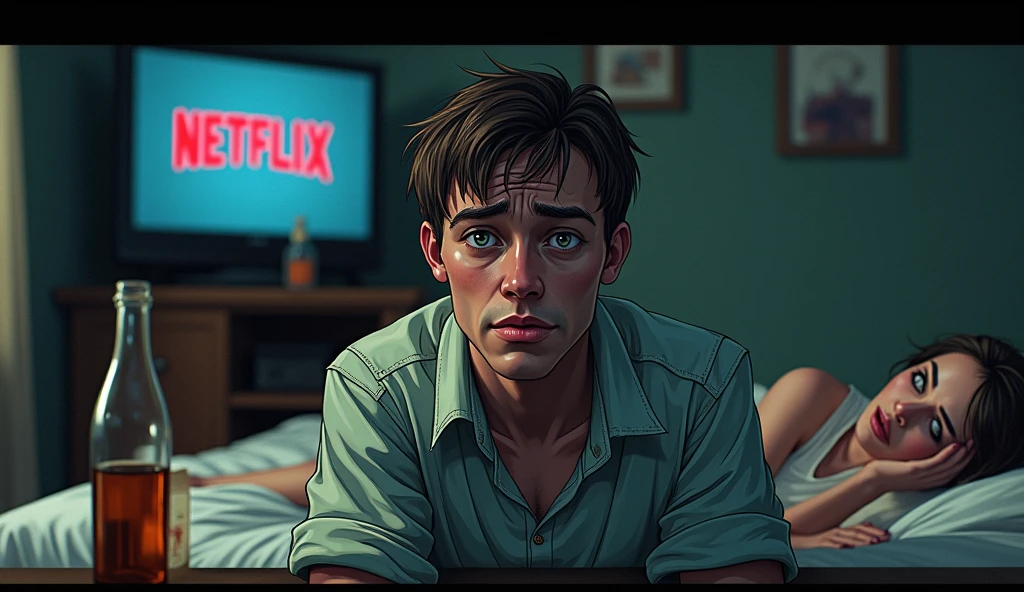 A shocking image of an exhausted young man, wrinkled, perspiring, is in desperation seeking success, looking straight ahead, expression frustrated by seeking success and not achieving it, in the background a television with the Netflix logo, bottle of whiskey around and a bed with a prostitute lying on it, symbolizing the distractions that prevent you from achieving success, Cinematic realistic illustration.