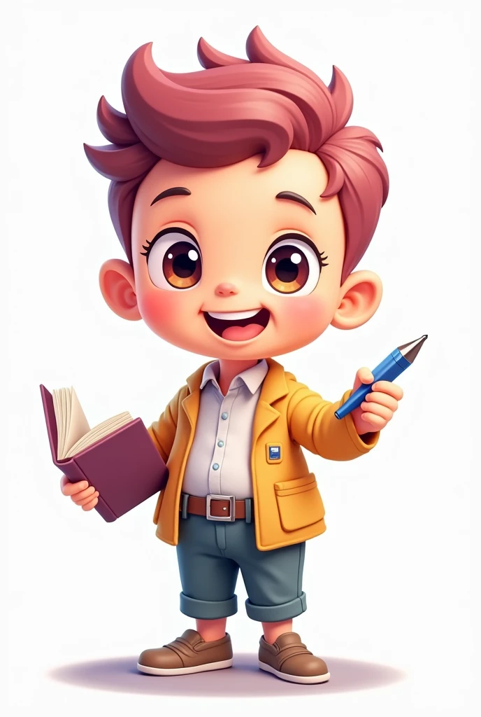 Create a pastel cartoon style chibi man teacher, fixed wax hair, smiling holding a pen and a book. Make sure it's vibrant with white background. Ensure that all elements is center
