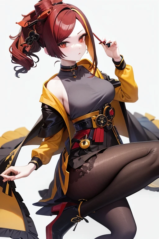 red hair and blue eyes, wearing black choker with yellow piece, yellow shirt, black and orange jacket, white skirt, and brown boots with white sole