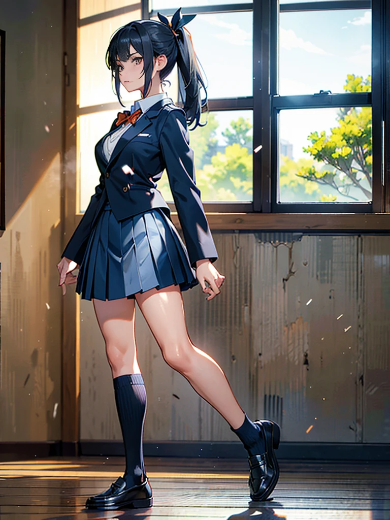 One person, Karate Stance,Knee kick,Height: 155cm,Black Hair, ponytail, The body is slim,Small breasts,Bad mood, Slanted Eyes, High school uniform,Navy blue blazer,White blouse,Orange bow ribbon tie,Grey mid-length flare skirt,Navy blue knee socks,Black Loafers,Character Profile, Vanishing Point, Ultra Wide Angle, Japanese illustration style, High resolution, Anatomically correct, masterpiece, accurate, High resolution, Damaged, detail, 高いdetail, High-resolution model, quality, Very detailed, Retina, 高quality, Textured skin, Ultra high definition,, Character profile, Afterimage,
