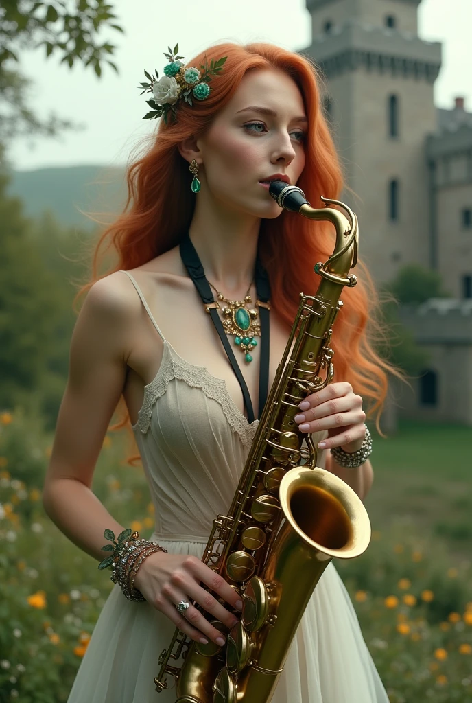 A fantasy, beautiful girl playing Saxophone, she's naked, she has (BIG large breast and long ginger hair, ((nude)), she is wearing emeralds and silver Jewels, there is an Irish castle in the background, she is the most beautiful woman in the world, with a soft smile, the is a warm light, you can see her body through her dress and her nipples