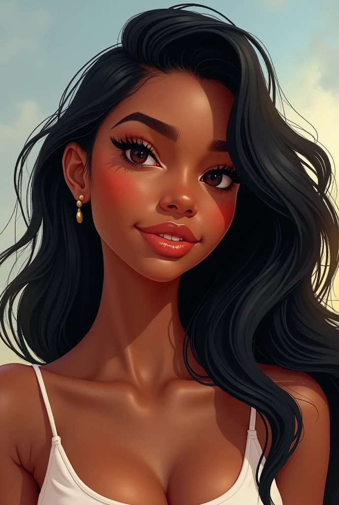19 year old black woman, long black hair, wavy, eyes black, slightly plump lips, Bullish, slim, disney pixar style