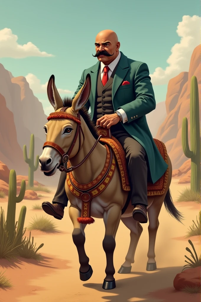 Create an image of a bald, dark-skinned mayor with a mustache going to live on a donkey with a saddle and cacuay