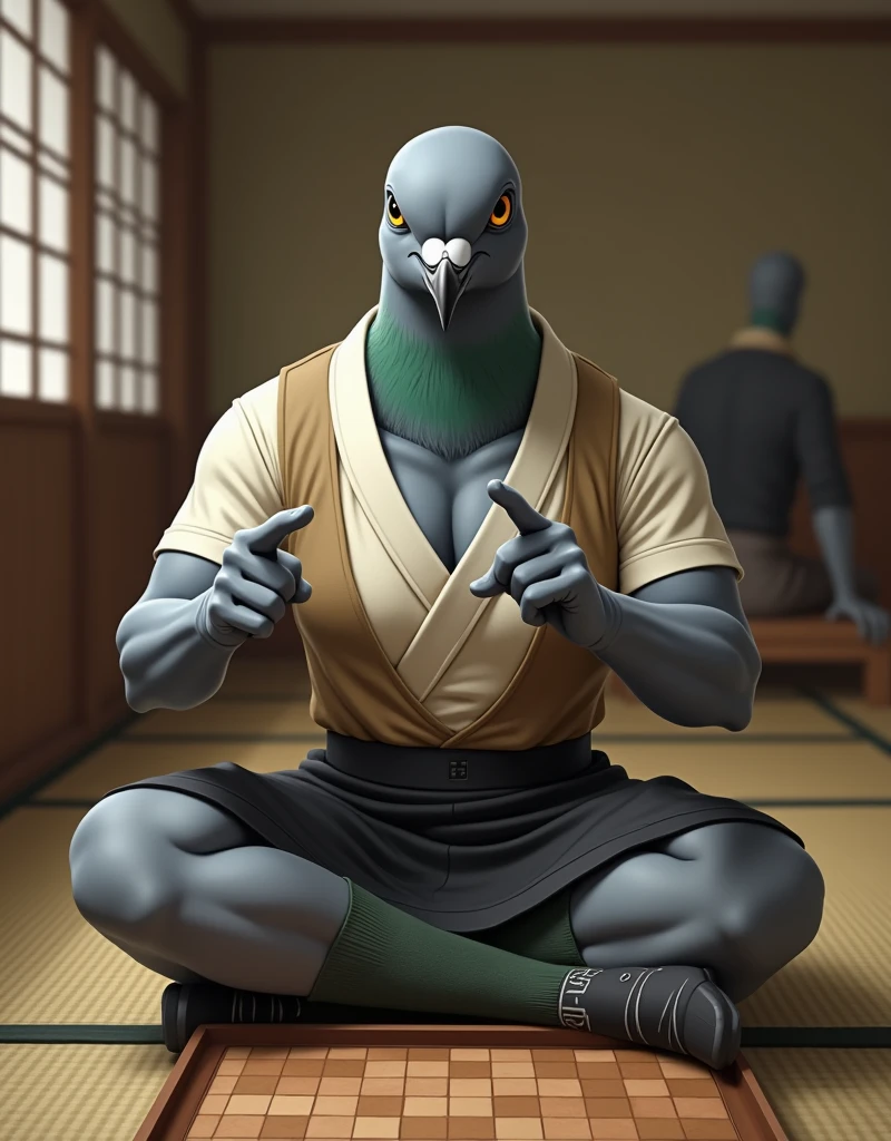 A gray female pigeon wearing an off-white collared short-sleeved shirt, a light brown vest, a knee-length black skirt, dark green socks and black shoes.、He is sitting upright in a Japanese-style room, playing Go, pointing at me and opening his mouth.、Muscular grey female pigeon、Photorealistic images、Still photography、Portrait