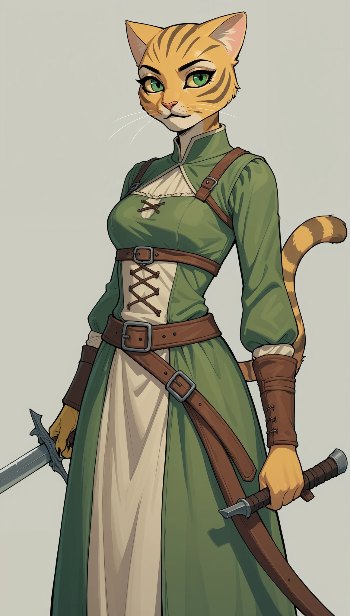 score_9, score_8_up, score_7_up, score_6_up, score_5_up, score_4_up, BREAK source_furry, rating_safety,
tabaxi, khajiit, cat girl, female, green eyes, tall curvy athletic body, medieval assassin clothes, assassin top and bottom, solo, simple background