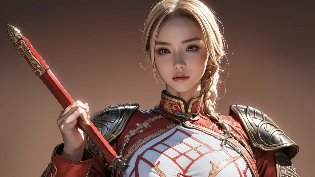 (((1 female))), ((16K)), Mature Woman, ((((Female warrior with nunchucks))))、(((Attractive Asian Model:1.0))),((Beautiful Asian Model))、(((China dress)))、(((Chinese National Costume)))、(((Toned body))),(((Big Breasts))),(((Big Breasts))), ((8k, Highest quality:1.2))、((masterpiece)), High resolution, (Skin Texture:1.1), Highest quality, 超High resolution, (Realistic: 1.4), RAW Photos,((Perfect Face))、Age 35, Toned body, (((Blonde))),A well-trained body、 (Red and white outfit)、((The background is the Great Wall.)),(((The background is the Great Wall.))), ((Female Warrior with a Sword)), masterpiece, ((Ultra HD)), Insane Details, Realistic, Detailed face, 詳細なSkin Texture, Blurred Background, (( Wearing a breastplate)), (((Big Breasts))), (Ancient fantasy soldiers),(Ancient soldier armor),Combat Accessories,vision, Perfect Face, Delicate eyes, Voluminous lips, Slit eyes、Big eyes, ((Image of China))、(((Armor with intricate patterns))、Looking into the camera、Looking into the camera、Metal shoulder pads、She is standing