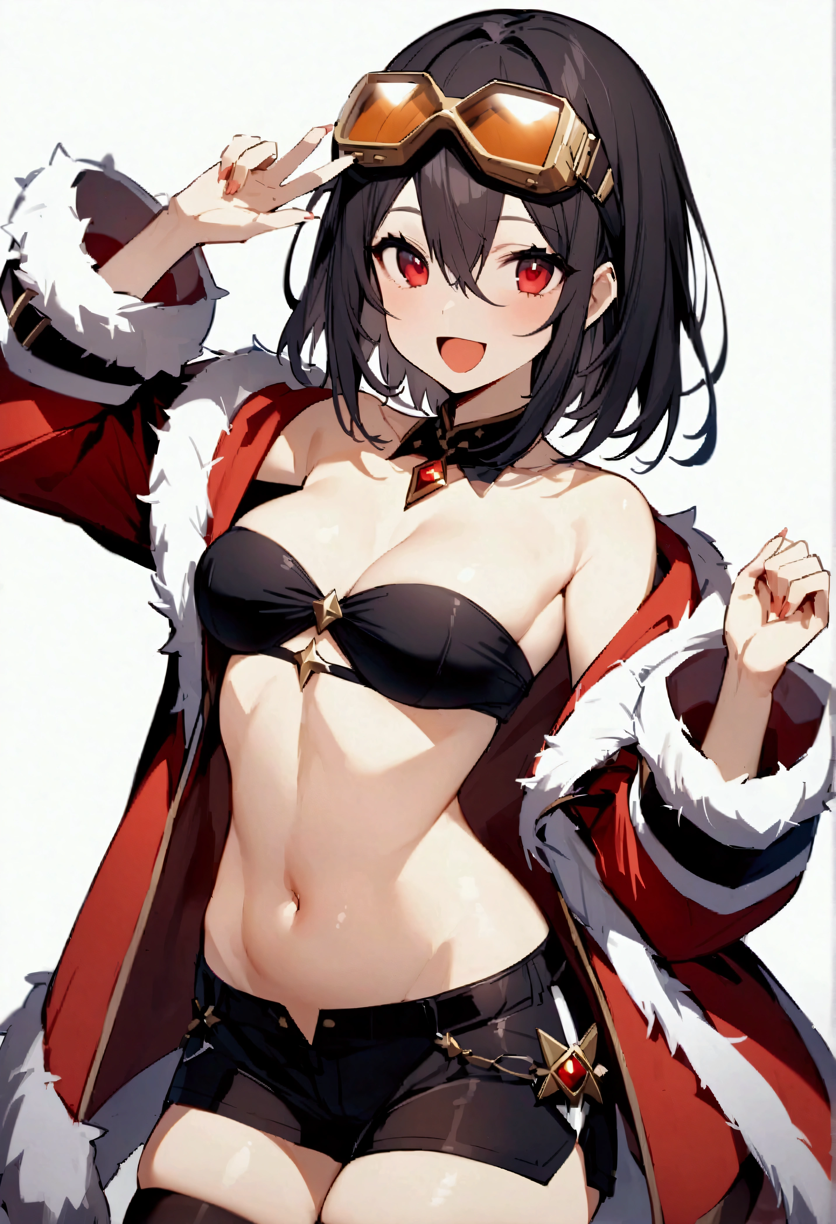 masterpiece、Highest quality、One woman、solo、Shorts、goggles、kick、頭にgoggles、smile、White background、Simple Background、Mouth open、Jacket、Medium Hair、Bandeau、chest、:d、開いたJacket、短いShorts、Watching the viewer、Red eyes、Thigh-high socks、Tube top、chestの下、Open clothes、黒いShorts、Medium Bust、クロップド Jacket、Long sleeve、黒いThigh-high socks、Strapless、belly button、Fur trim、Hair between the eyes