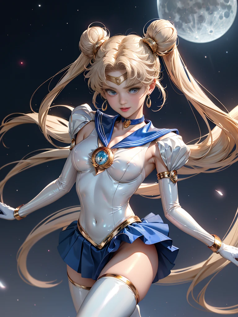 masterpiece、ful:1.3、stands、8k、。.3d、realisitic、Ultra Micro Photography、top-quality、Wallpapers with extreme details CG Unity 8k、frombelow、intricate detailes、(1 female)、28 year old、(Sailor Moon:1.6 Super Bishoujo Senshi Sailor Moon Mer1、meishaonv,tierra、Sailor Senshi Uniform Sailor:1.5、sailormoon:1.5,Eternal Sailor Moon)、(Incredibly long bright twin-tailed blonde:1.4、Thin and very long straight twin tail blonde, Hair buns、Red round hair ornament in a hair bun)、((Sailor Senshi Uniform:1.4、Metallic blue collar,Sailor color in metallic blue,Metallic Blue Pregate Ultra Mini Skirt:1.5、very large red bow on the chest,,Long white latex gloves,Red gloves on the elbows、Bare upper arms,Luxurious golden tiara on forehead、耳Nipple Ring,Luxurious Golden Jewelry Decoration、high leg swimsuit))、Very thin and fit high gloss white holographic leather、High Gloss White Silver Latex SEXY High Leg Cut Swimsuit That Shines Like Oil,Pants are visible,Sexy Model Pose:1.2、dynamicposes:1.2,huge white wings on the back(Details of face:1.5、Blue eyes、Beautiful expression、beautidful eyes、Outline of the iris, Eyes with highlights、thin lipss:1.5、thin and sharp pale eyebrows,、long eyeslashes、Double eyelashes、Thin, thin and muscular,,a small face、tall and large chest、perfectly proportions、big breasts thin waist、Visible Pore、seducting smile、perfect hand:1.5、octan render、highly dramatic picture、(Lunar divinity,cosmic background、rays of moonlight、a moon、Dynamic backgrounds、exquisite lighting and shadow、dynamic ungle、Detailed background),Strong natural light、sunlights、Digital SLR、sharp focus: 1.0、Maximum clarity and sharpness、mecha musume,(Rabbit, Double bun, Twin-tailed, Parted bangs, circlet, Jewelry, earrings, Choker, Red bow, White Gloves, elbow groves, Blue skirt)