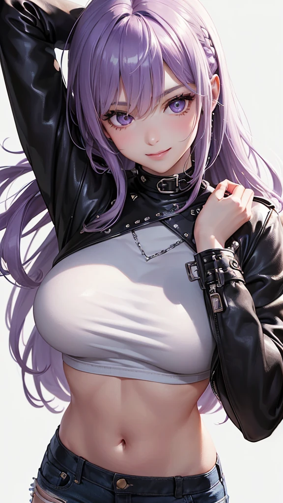 Best Quality,High resolution,8k,(plain white background, no patterns, no textures, just a plain white background:1.3),Masterpiece:1.2),beautiful girl,Big Breasts,(Shiny purple hair:1.3),bob cut,Beautiful purple eyes,A girl wearing a black leather jacket with metal studs, ripped jeans, and a band T-shirt, embodying a rebellious rock style,Gentle look,A refreshing look,smile,Best quality,Best Quality,Aesthetic and aesthetic:1.2,Best details((Super detailed))(High-definition CG illustrations),Slender body,smile,blush,cute,Scrounge,Looking up,Being spoiled,indian style