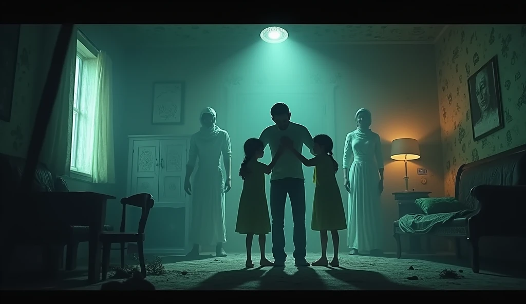 In 3D animation style:A terrifying haunted house scene that illustrates the concept of 'purv janm ke karmon ka fal' (the consequences of actions from a previous life). The setting is dark and eerie, with an old, crumbling house filled with broken furniture and eerie shadows. A panicked family is at the center, huddled together with expressions of fear and desperation. The atmosphere is thick with dread, as ghostly figures and unsettling symbols from the past manifest around them, suggesting a haunting tied to past deeds. Flickering lights and unnatural, eerie elements add to the horror."