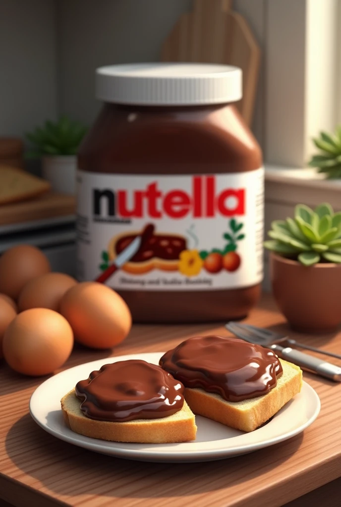 Large jar of nutella in background and nutella on bread on plate on kitchen