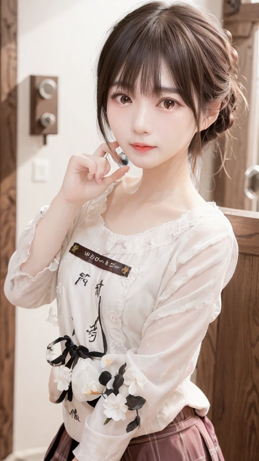 A super cute tsundere girl、Waist size is 21 inches、A bold gesture of begging for romantic feelings、Cute super busty skin motion、A cute pleated skirt with an ultra-thin waist、Cute oversized shirt、A secret place out of sight、The highest standard of ultra-high definition full-body photos、(Small face)、No makeup、Sexy lips、Chignon hairstyle、