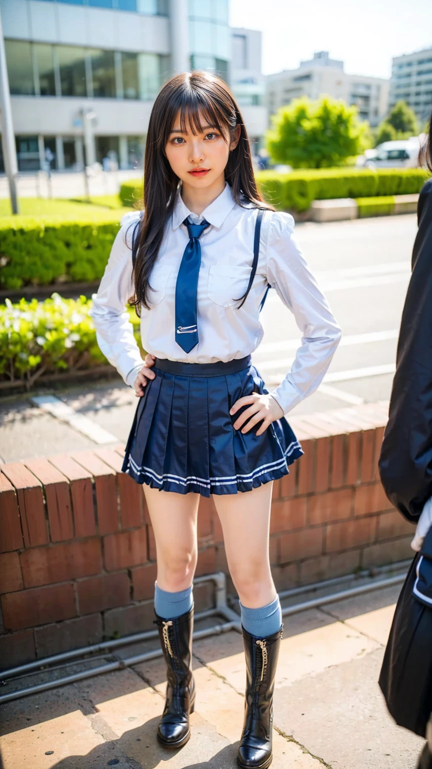 (8k、RAW Photos、Highest quality、masterpiece:1.2)、(Realistic、Realistic)、1 person、((View from the front、Black and light blue、Looking into the camera、check、boots、mini skirt、High school uniform、、Standing with one hand on hip、Frills、))、cute