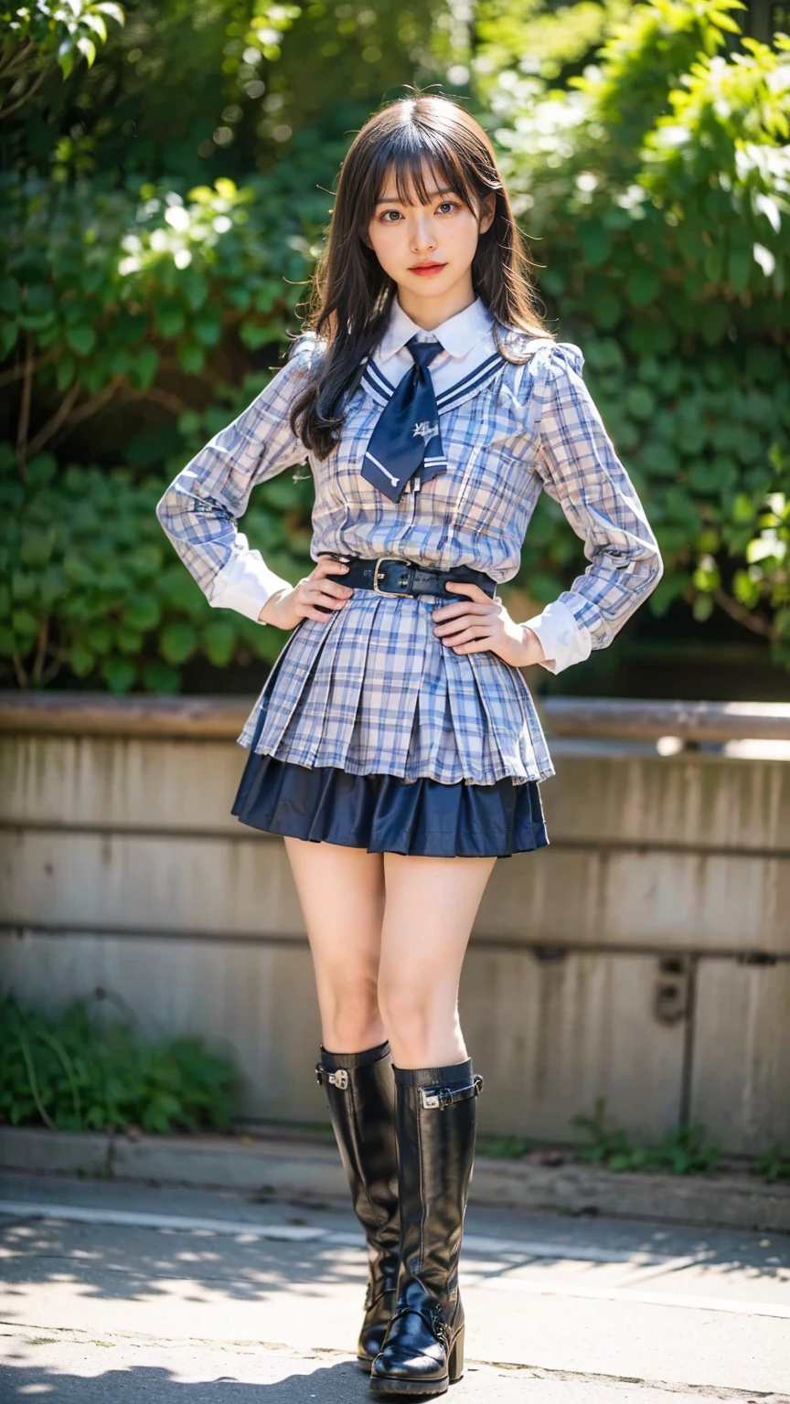 (8k、RAW Photos、Highest quality、masterpiece:1.2)、(Realistic、Realistic)、1 person、((View from the front、Black and light blue、Looking into the camera、check、boots、mini skirt、High school uniform、、Standing with one hand on hip、Frills、))、cute